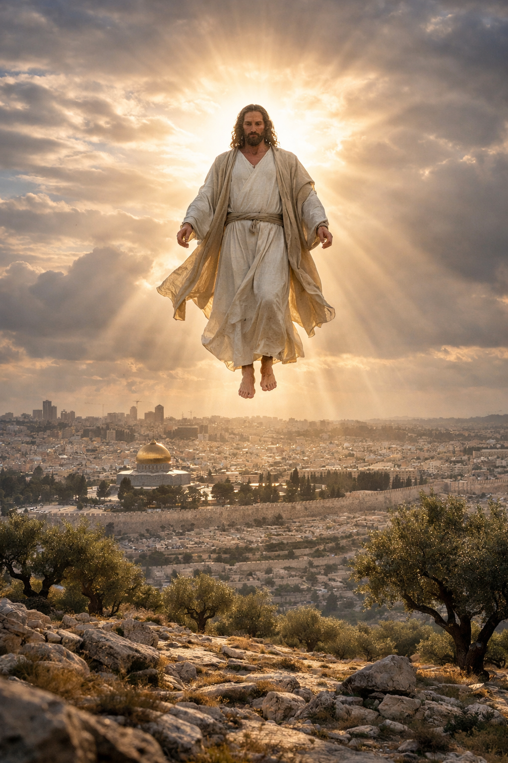 Jesus descending from the heavens toward Jerusalem — prophetic vision of His return